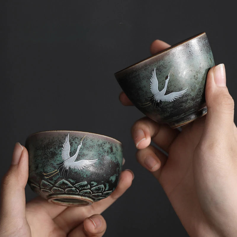 Traditional Chinese Style Tea cup Flying crane pattern Retro Ceramic Teacup Coffee cup China Coarse pottery cups H571
