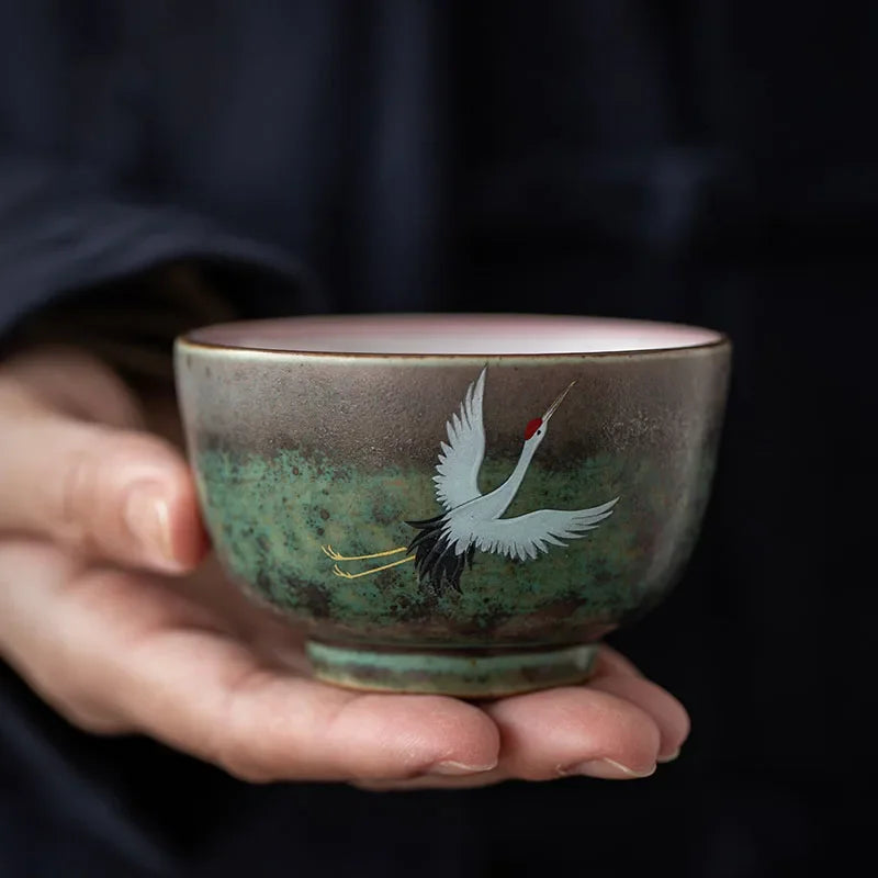 Traditional Chinese Style Tea cup Flying crane pattern Retro Ceramic Teacup Coffee cup China Coarse pottery cups H571