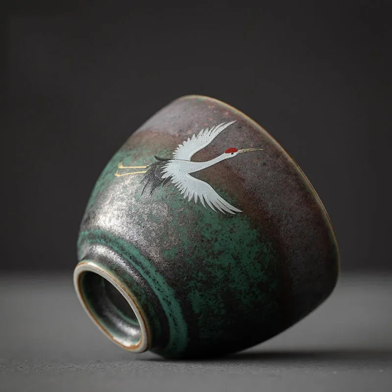 Traditional Chinese Style Tea cup Flying crane pattern Retro Ceramic Teacup Coffee cup China Coarse pottery cups H571
