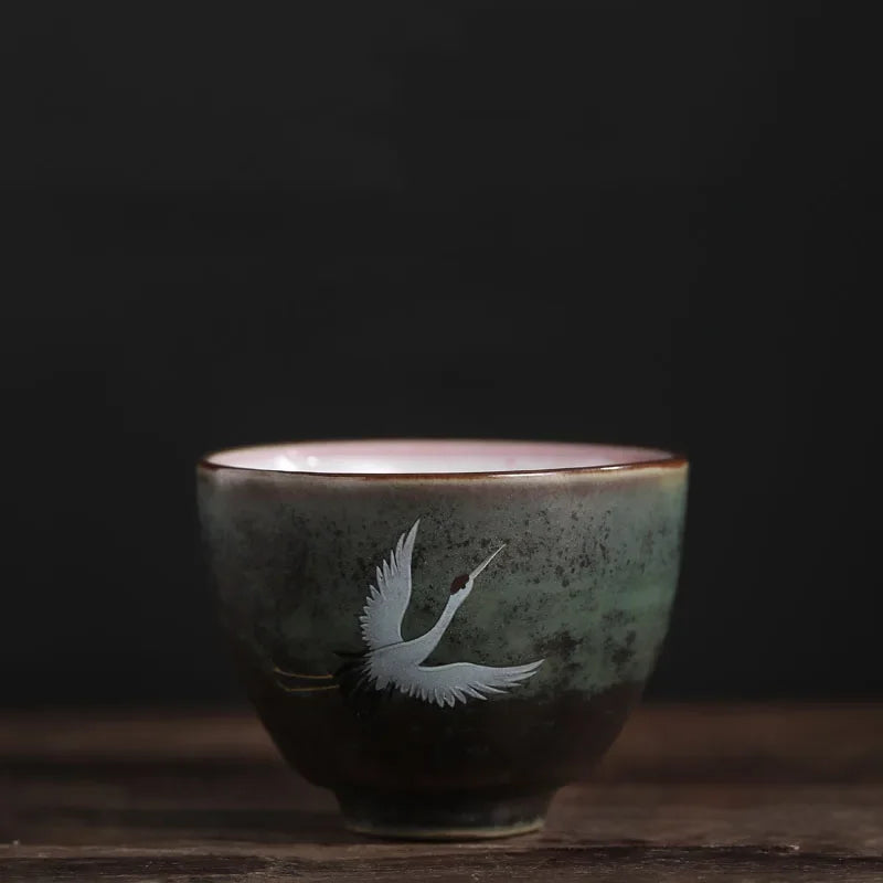 Traditional Chinese Style Tea cup Flying crane pattern Retro Ceramic Teacup Coffee cup China Coarse pottery cups H571