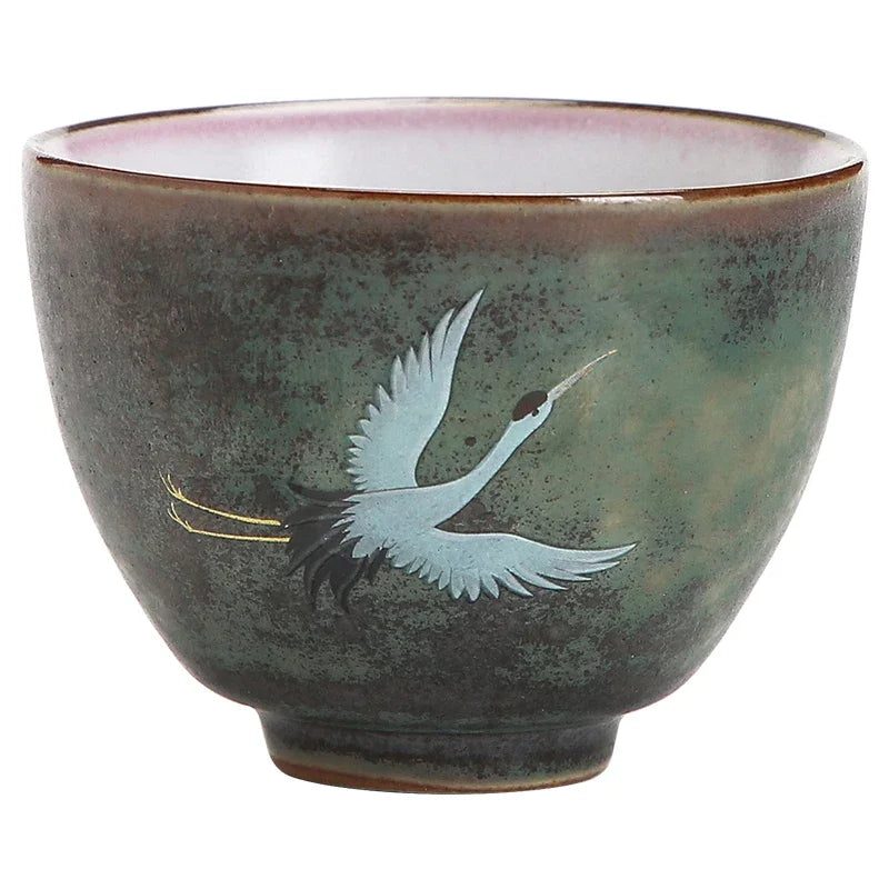 Traditional Chinese Style Tea cup Flying crane pattern Retro Ceramic Teacup Coffee cup China Coarse pottery cups H571