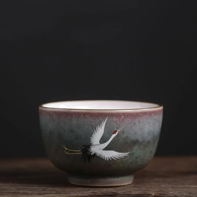 Traditional Chinese Style Tea cup Flying crane pattern Retro Ceramic Teacup Coffee cup China Coarse pottery cups H571