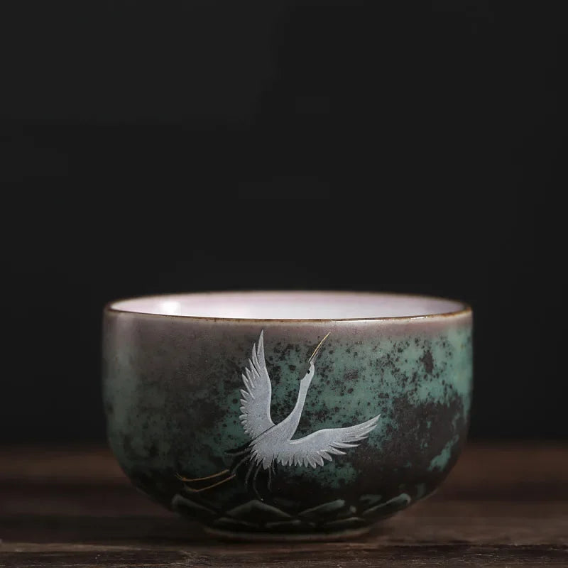 Traditional Chinese Style Tea cup Flying crane pattern Retro Ceramic Teacup Coffee cup China Coarse pottery cups H571