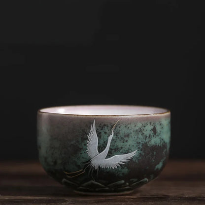 Traditional Chinese Style Tea cup Flying crane pattern Retro Ceramic Teacup Coffee cup China Coarse pottery cups H571