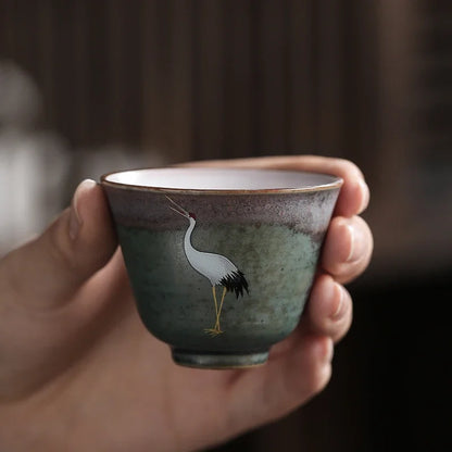 Traditional Chinese Style Tea cup Flying crane pattern Retro Ceramic Teacup Coffee cup China Coarse pottery cups H571