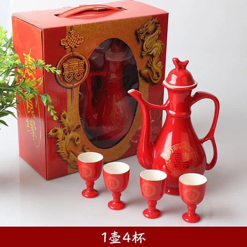 Traditional Chinese Style Wedding Celebration Wine Set Creative Ceramic Gift Cross-cupped Wine Bar Hotel Coffee Liquor Flagon