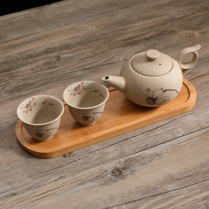 Traditional Chinese Teapot and Teacup Set with Wooden Tray Handmade Pottery Kung Fu Tea Set Ceramic Teaware