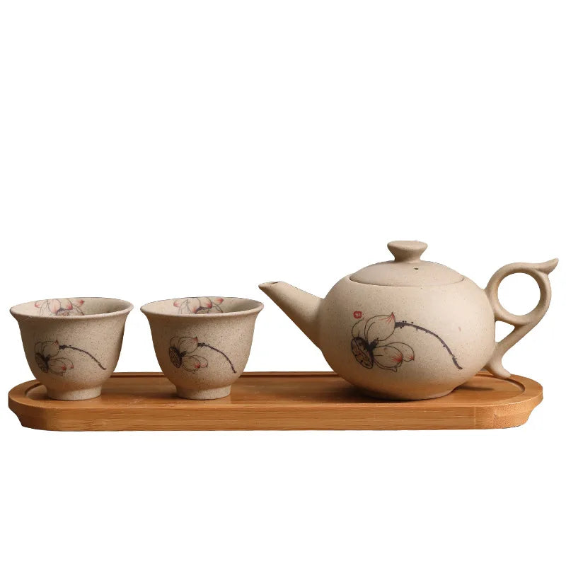 Traditional Chinese Teapot and Teacup Set with Wooden Tray Handmade Pottery Kung Fu Tea Set Ceramic Teaware