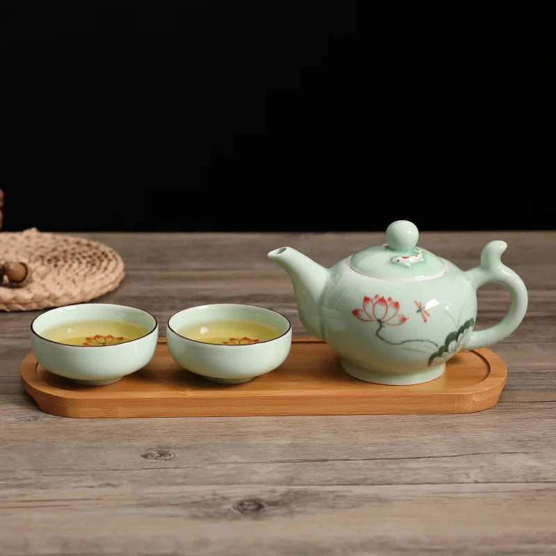 Traditional Chinese Teapot and Teacup Set with Wooden Tray Handmade Pottery Kung Fu Tea Set Ceramic Teaware