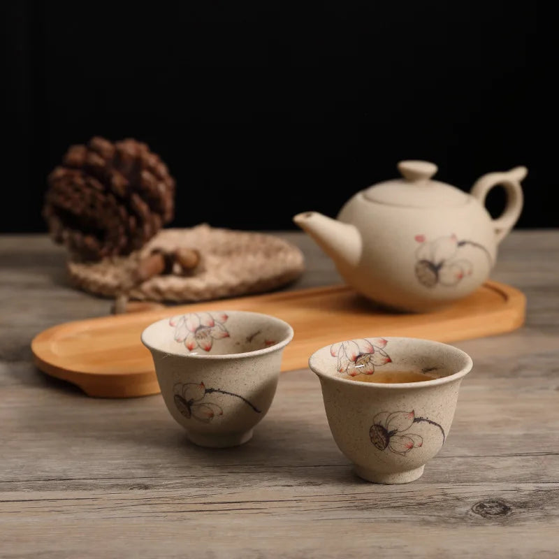 Traditional Chinese Teapot and Teacup Set with Wooden Tray Handmade Pottery Kung Fu Tea Set Ceramic Teaware