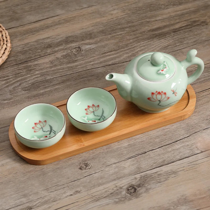 Traditional Chinese Teapot and Teacup Set with Wooden Tray Handmade Pottery Kung Fu Tea Set Ceramic Teaware