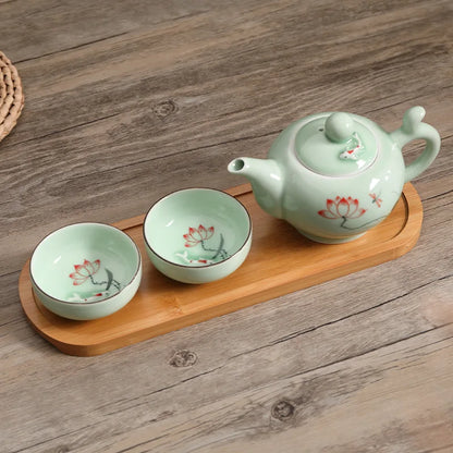Traditional Chinese Teapot and Teacup Set with Wooden Tray Handmade Pottery Kung Fu Tea Set Ceramic Teaware