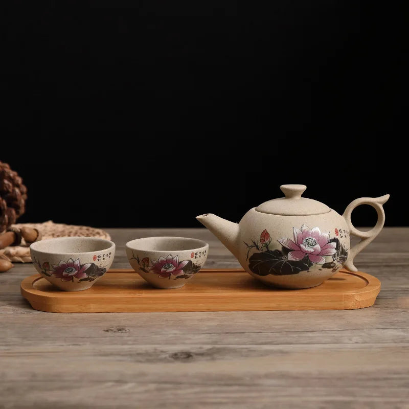 Traditional Chinese Teapot and Teacup Set with Wooden Tray Handmade Pottery Kung Fu Tea Set Ceramic Teaware
