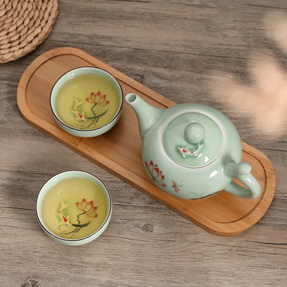 Traditional Chinese Teapot and Teacup Set with Wooden Tray Handmade Pottery Kung Fu Tea Set Ceramic Teaware