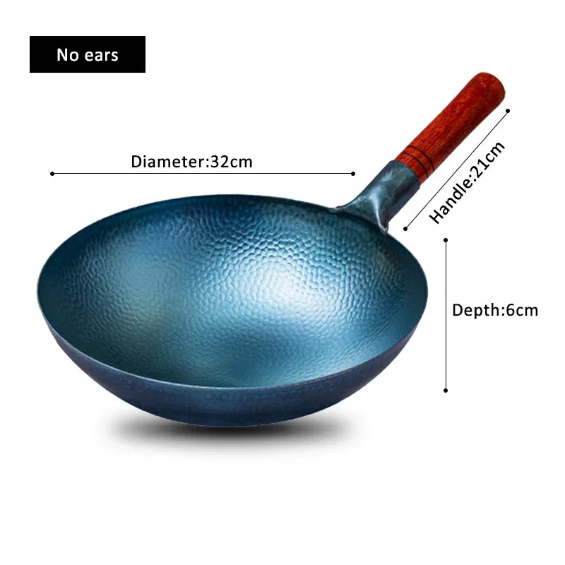 Traditional Chinese wok, Cast Iron Cookware Carbon Steel Round Bottom Wok,Beech Wood Anti-scald Handle, for Kitchen Gas Stove