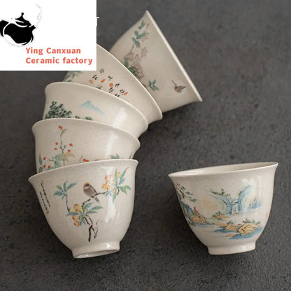 Traditional Handmade Ceramic Teacup Hand Painted Flowers and Birds Tea Bowl Travel Meditation Cup Household Tea Set 40ml