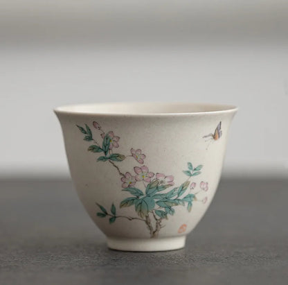 Traditional Handmade Ceramic Teacup Hand Painted Flowers and Birds Tea Bowl Travel Meditation Cup Household Tea Set 40ml