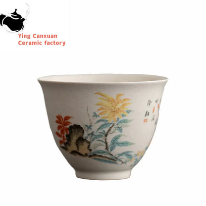 Traditional Handmade Ceramic Teacup Hand Painted Flowers and Birds Tea Bowl Travel Meditation Cup Household Tea Set 40ml