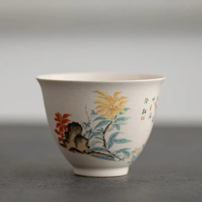 Traditional Handmade Ceramic Teacup Hand Painted Flowers and Birds Tea Bowl Travel Meditation Cup Household Tea Set 40ml