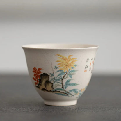 Traditional Handmade Ceramic Teacup Hand Painted Flowers and Birds Tea Bowl Travel Meditation Cup Household Tea Set 40ml