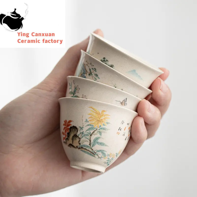 Traditional Handmade Ceramic Teacup Hand Painted Flowers and Birds Tea Bowl Travel Meditation Cup Household Tea Set 40ml