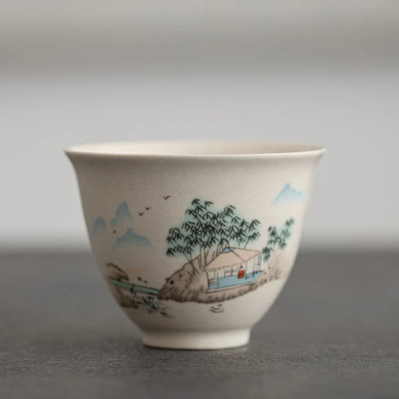 Traditional Handmade Ceramic Teacup Hand Painted Flowers and Birds Tea Bowl Travel Meditation Cup Household Tea Set 40ml