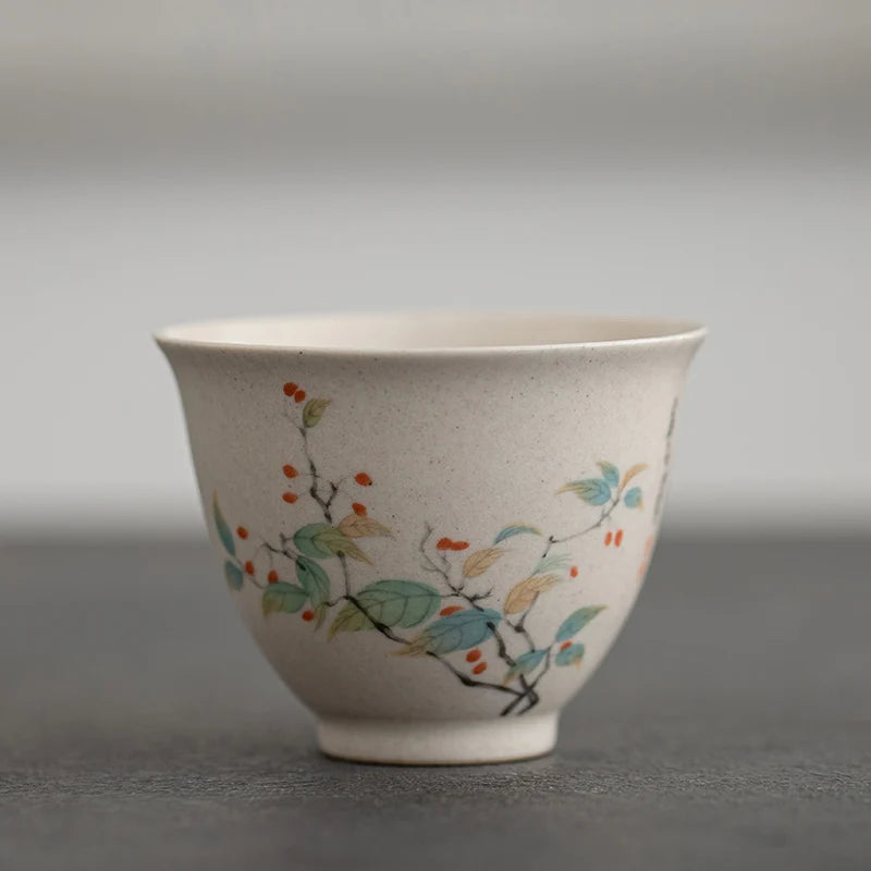 Traditional Handmade Ceramic Teacup Hand Painted Flowers and Birds Tea Bowl Travel Meditation Cup Household Tea Set 40ml