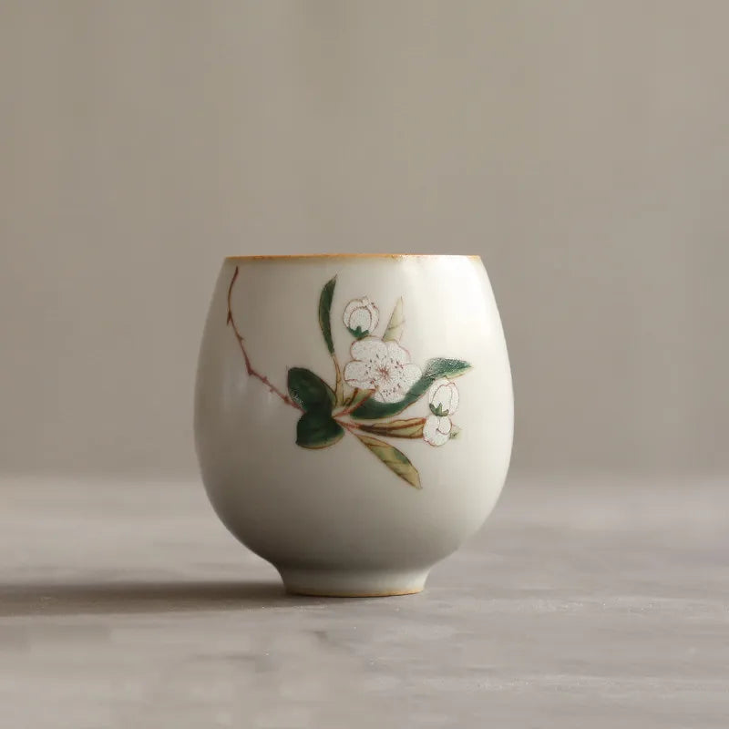 Traditional Handmade Ru Kiln Ceramic Teacup Travel Meditation Cup Hand Painted Flower Tea Bowl Master Cup Tea Set Accessories