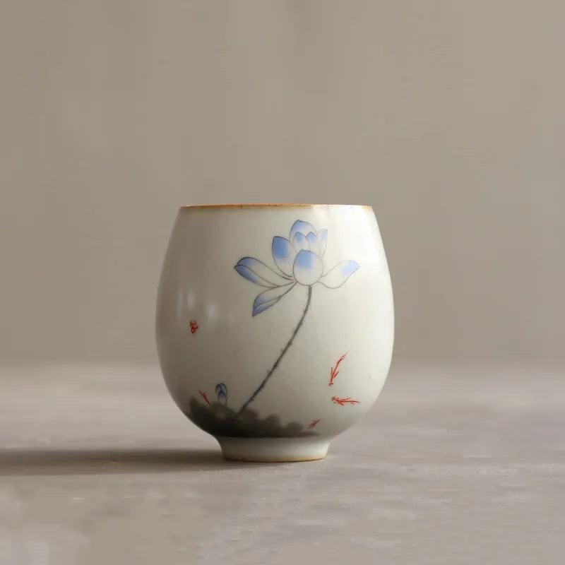 Traditional Handmade Ru Kiln Ceramic Teacup Travel Meditation Cup Hand Painted Flower Tea Bowl Master Cup Tea Set Accessories
