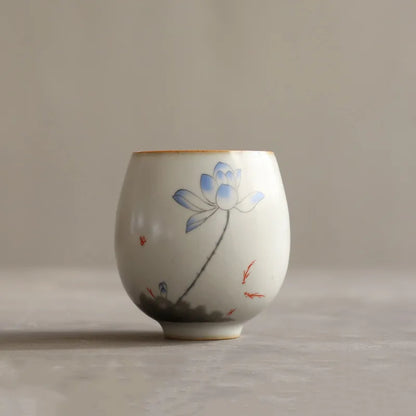 Traditional Handmade Ru Kiln Ceramic Teacup Travel Meditation Cup Hand Painted Flower Tea Bowl Master Cup Tea Set Accessories