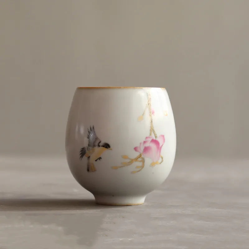 Traditional Handmade Ru Kiln Ceramic Teacup Travel Meditation Cup Hand Painted Flower Tea Bowl Master Cup Tea Set Accessories