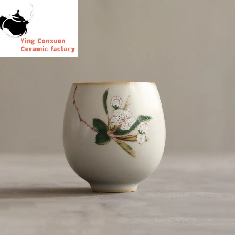 Traditional Handmade Ru Kiln Ceramic Teacup Travel Meditation Cup Hand Painted Flower Tea Bowl Master Cup Tea Set Accessories