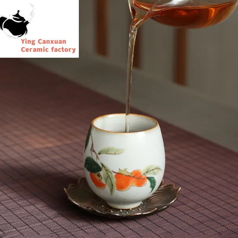 Traditional Handmade Ru Kiln Ceramic Teacup Travel Meditation Cup Hand Painted Flower Tea Bowl Master Cup Tea Set Accessories