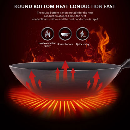 Traditional iron wok,Non-coating Woks Hand forged  For Kitchen PanWooden Handle Wok Kitchen Gas Pot Cookware