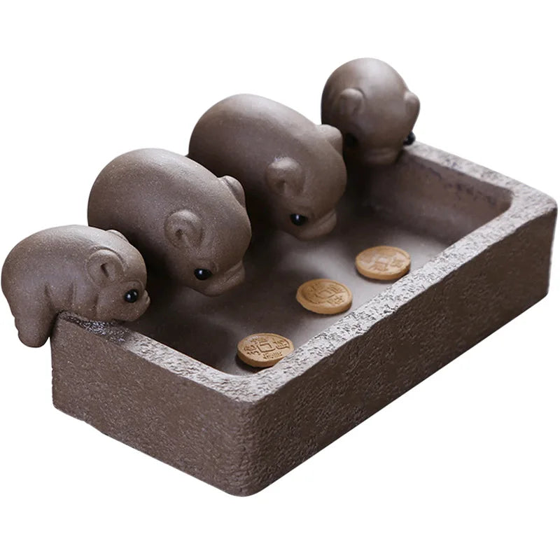 Traditional purple sand piggy tea pets, cute four pig sculptures, Chinese Kung Fu Tea Set  Accessories , Home Decoration Crafts