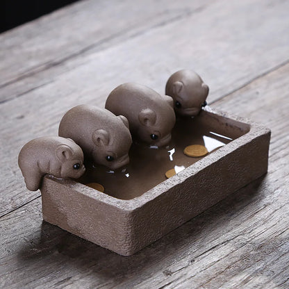 Traditional purple sand piggy tea pets, cute four pig sculptures, Chinese Kung Fu Tea Set  Accessories , Home Decoration Crafts