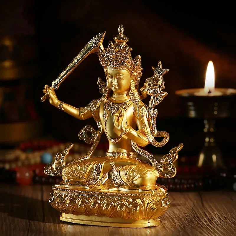 Tranic Efficacious Bodhisattva Manjusri Gilding Gold Buddha Alloy Metal Buddhist Suppliers Home/ Office Decorate Statue Craft