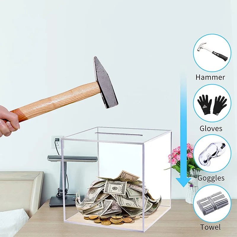 Transparent Acrylic Piggy Bank Square Large Capacity Money Saving Box Coin Banknote Box 12 /15 /18CM
