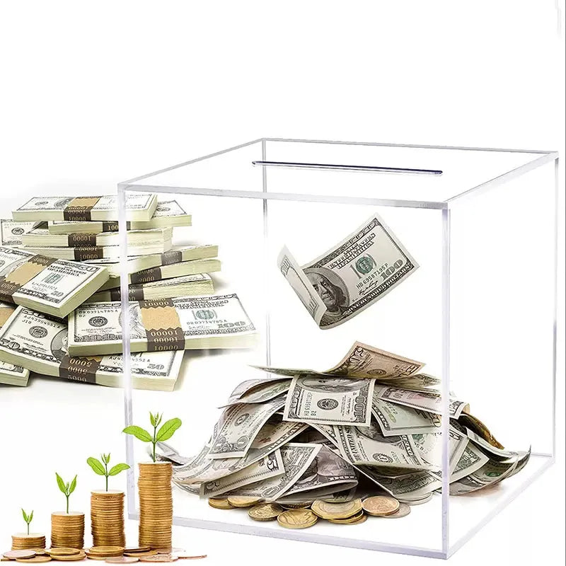 Transparent Acrylic Piggy Bank Square Large Capacity Money Saving Box Coin Banknote Box