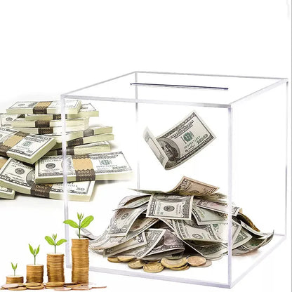 Transparent Acrylic Piggy Bank Square Large Capacity Money Saving Box Coin Banknote Box