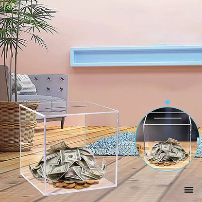 Transparent Acrylic Piggy Bank Square Large Capacity Money Saving Box Coin Banknote Box