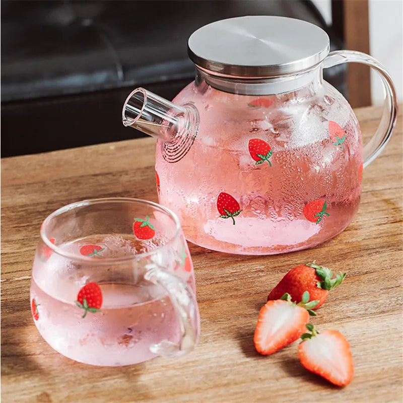 Transparent Cute Strawberry Glass Cold Water Pot Large Capacity Juice Fruit Tea Pot Heat Resistant Kettle Coffee Cups Teaware