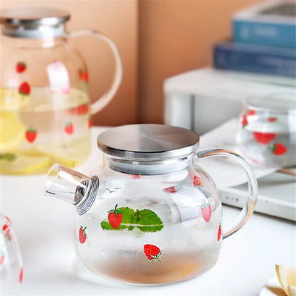 Transparent Cute Strawberry Glass Cold Water Pot Large Capacity Juice Fruit Tea Pot Heat Resistant Kettle Coffee Cups Teaware