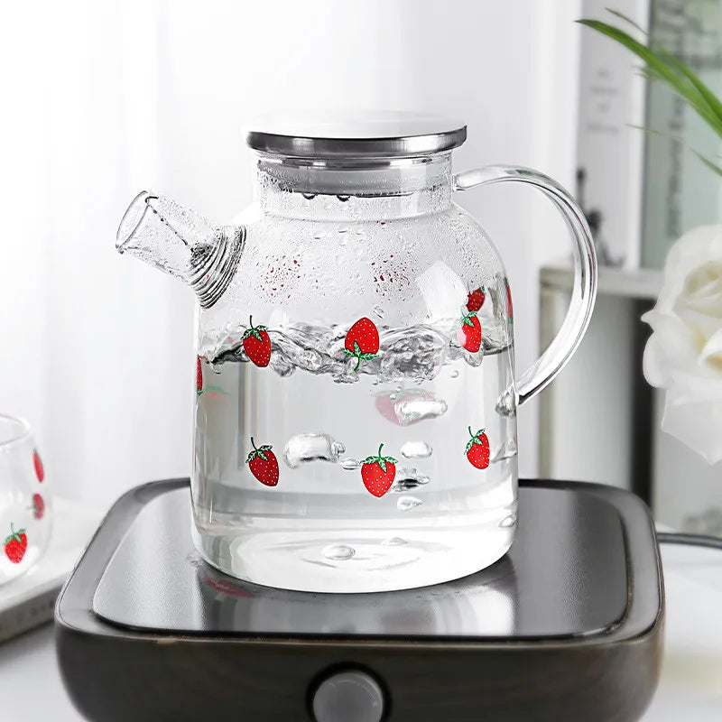 Transparent Cute Strawberry Glass Cold Water Pot Large Capacity Juice Fruit Tea Pot Heat Resistant Kettle Coffee Cups Teaware