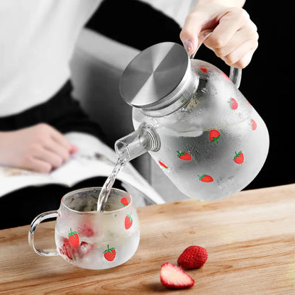 Transparent Cute Strawberry Glass Cold Water Pot Large Capacity Juice Fruit Tea Pot Heat Resistant Kettle Coffee Cups Teaware