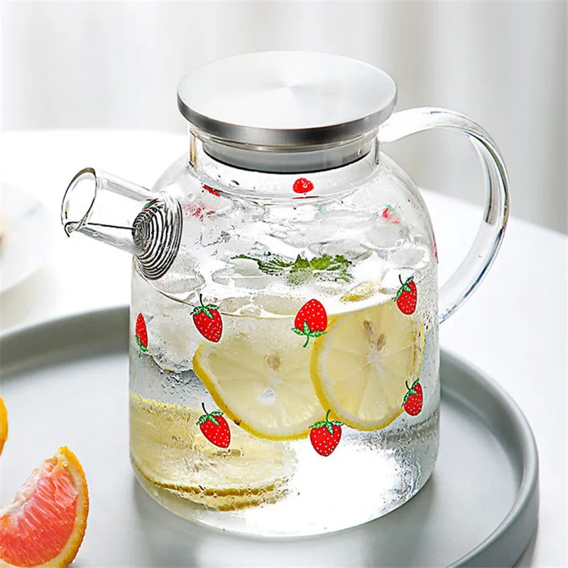Transparent Cute Strawberry Glass Cold Water Pot Large Capacity Juice Fruit Tea Pot Heat Resistant Kettle Coffee Cups Teaware