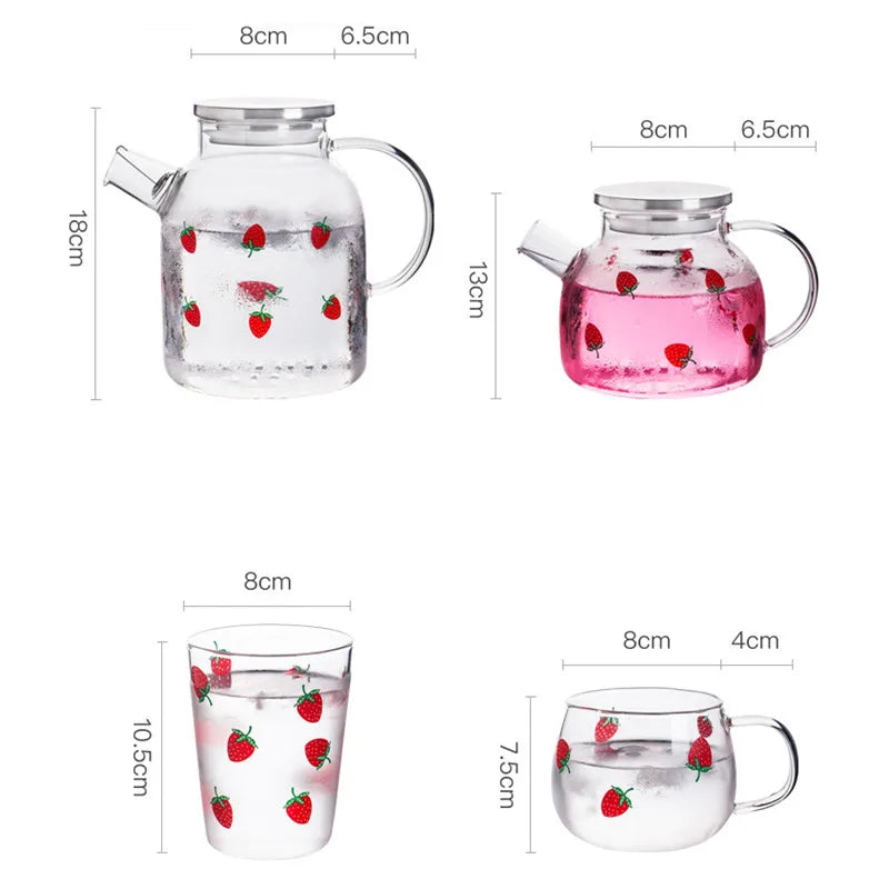Transparent Cute Strawberry Glass Cold Water Pot Large Capacity Juice Fruit Tea Pot Heat Resistant Kettle Coffee Cups Teaware
