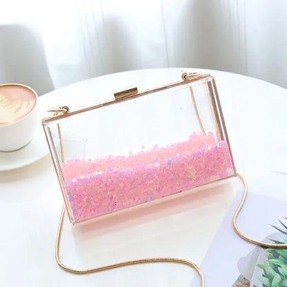 Transparent Rectangular Liquid Quicksand Acrylic Clutch Evening Bag Women Shoulder Bags Sequins star Party Clear Purse Handbag