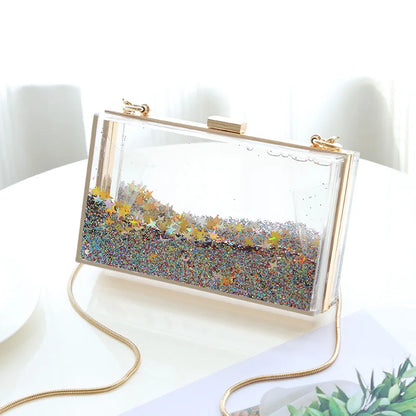Transparent Rectangular Liquid Quicksand Acrylic Clutch Evening Bag Women Shoulder Bags Sequins star Party Clear Purse Handbag