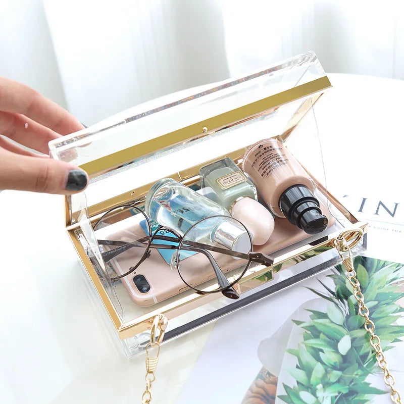 Transparent Rectangular Liquid Quicksand Acrylic Clutch Evening Bag Women Shoulder Bags Sequins star Party Clear Purse Handbag